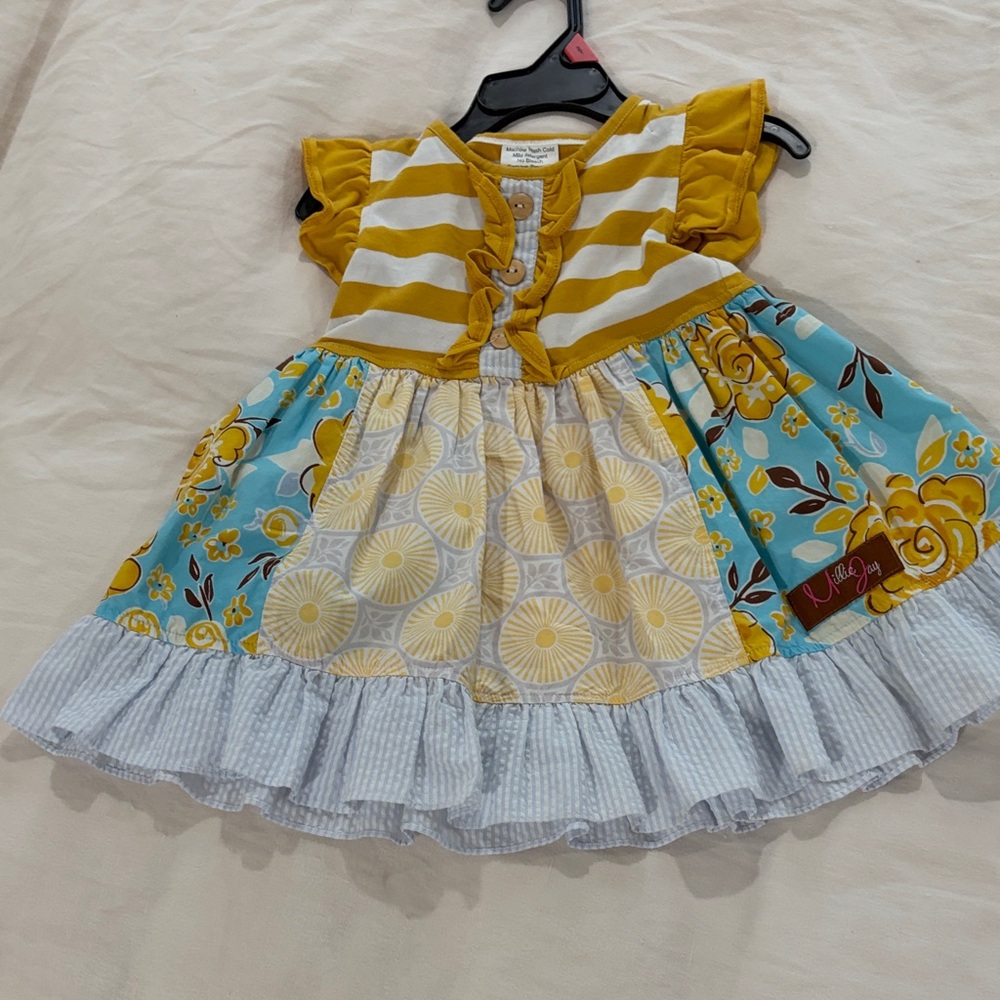 Girls Mustard & Light Blue Floral Patchwork Dress with Ruffle Trim